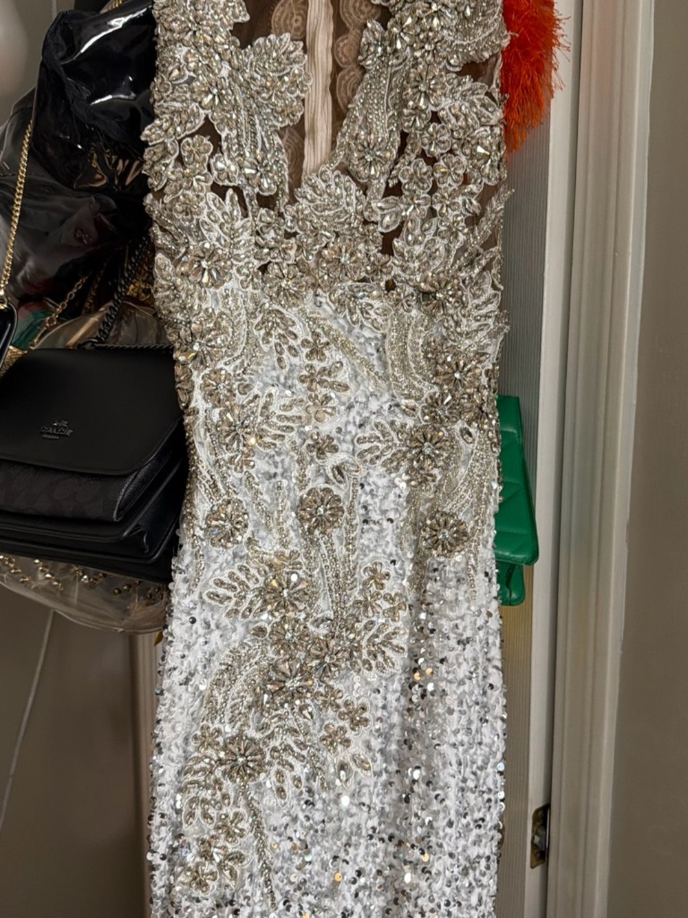 White Sequin Evening Gown with Gold Floral Embellishment